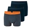 Trois boxers SCHIESSER empilés: le devant est bleu marine à rayures orange avec une ceinture orange, tandis que les deux derrière sont bleu marine uni avec des ceintures bleues.