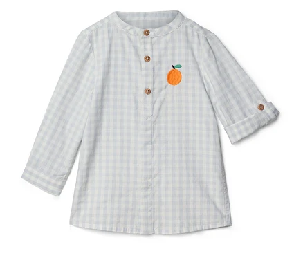 Une chemise à carreaux bleu clair et blanc avec des manches longues et une orange brodée.
