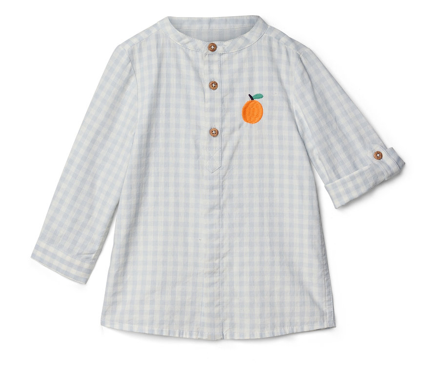 Une chemise à carreaux bleu clair et blanc avec des manches longues et une orange brodée.