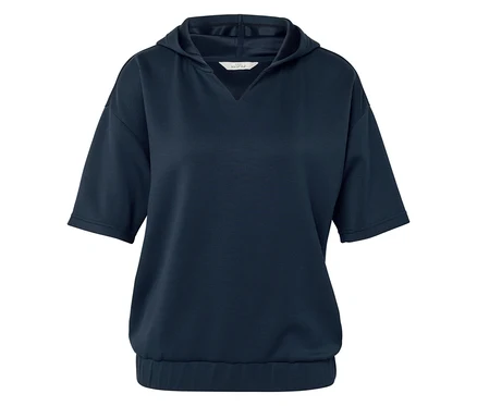 Sweat à capuche bleu marine avec manches courtes et ourlet élastique.