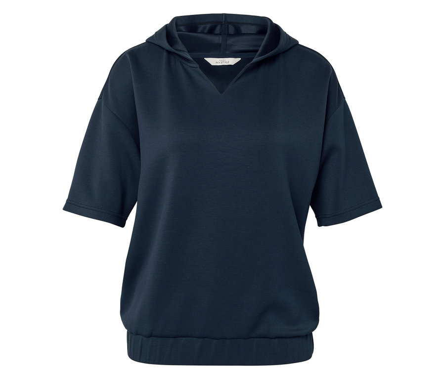 Sweat à capuche bleu marine avec manches courtes et ourlet élastique.