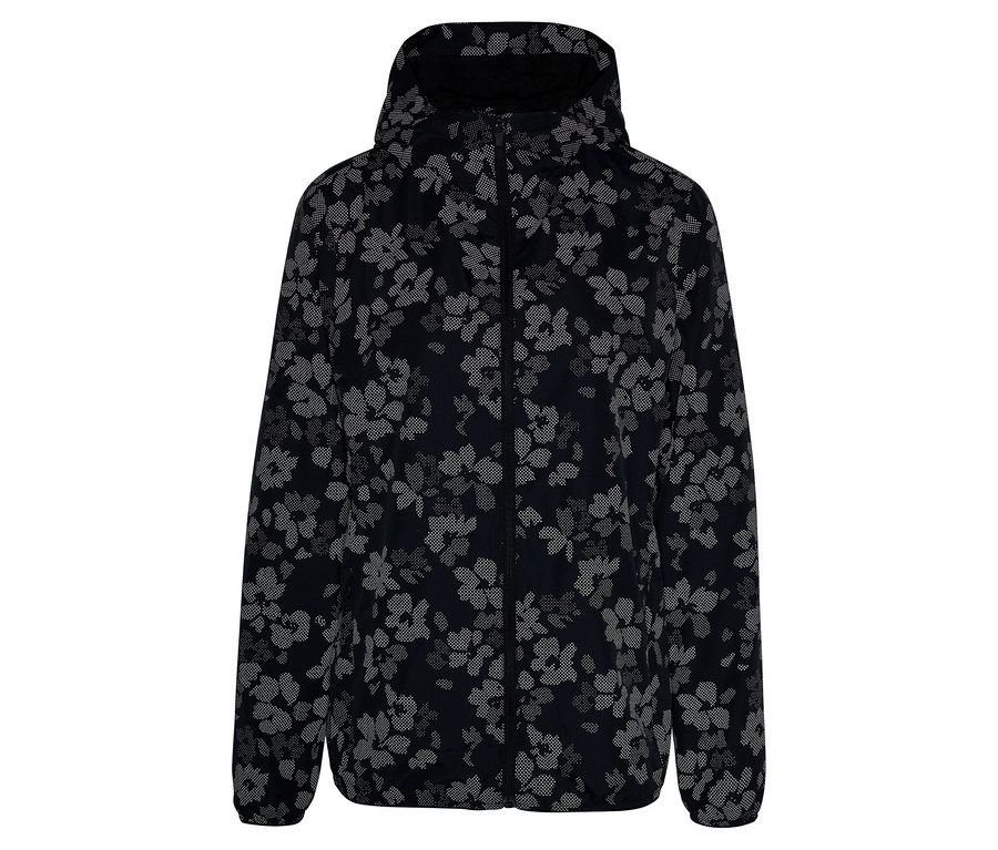 Veste foncée à capuche avec motif floral intégral.