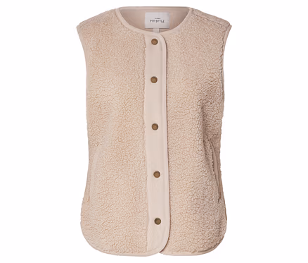 Veste sans manches beige en polaire avec patte de boutonnage et poches.