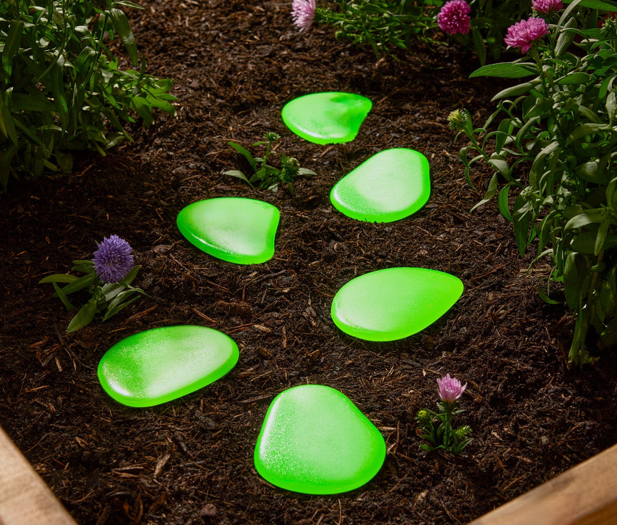 Des pierres décoratives vertes sont posées dans un parterre, entre des plantes.