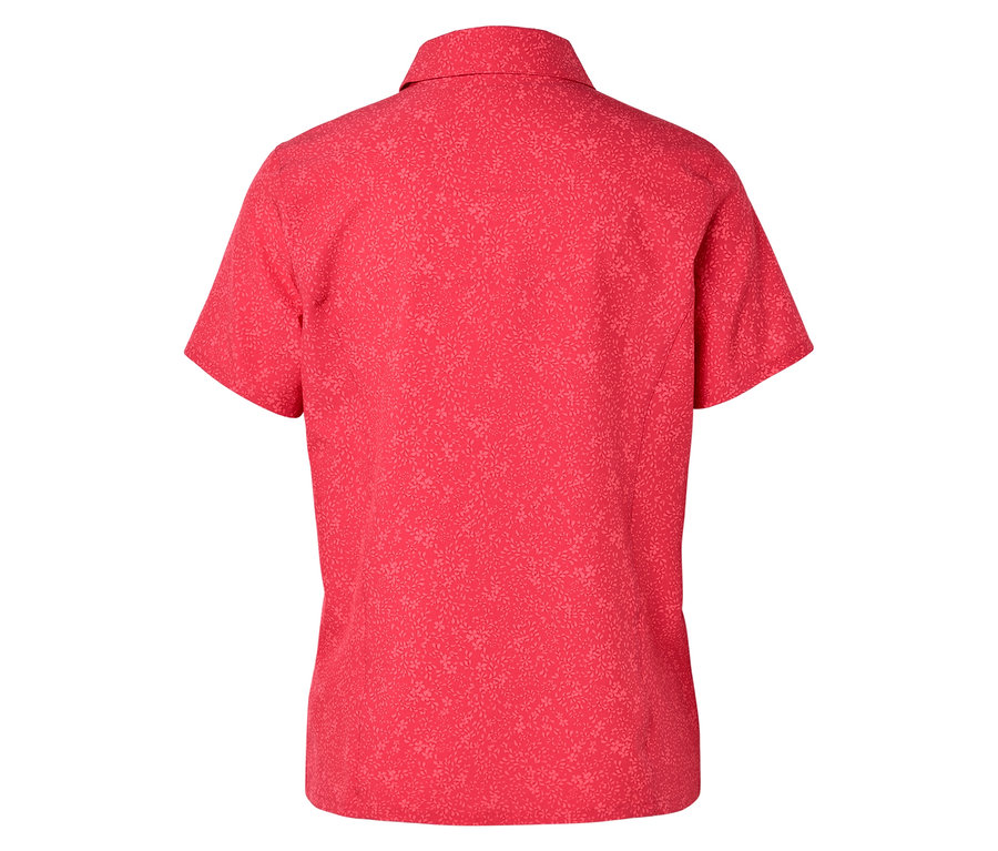Vue arrière d'une chemise à manches courtes rouge à motifs.