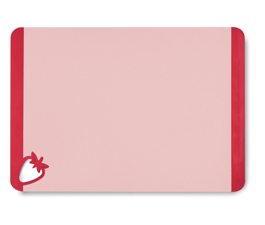 Planche à découper rose avec bordure rouge et détail fraise dans le coin.