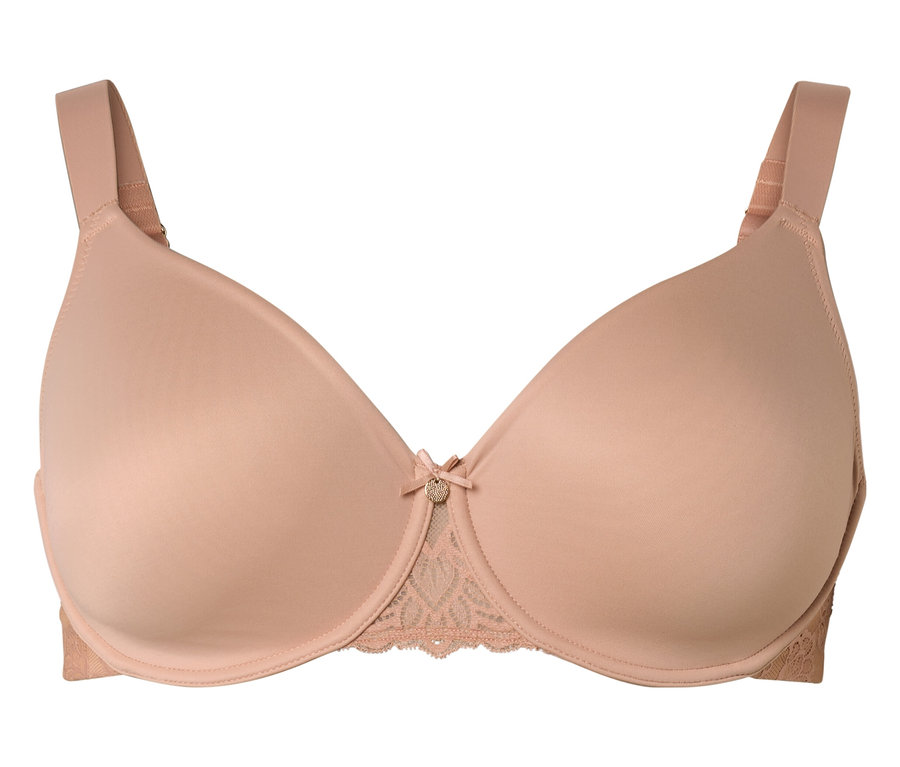 Soutien-gorge beige avec dentelle et nœud.