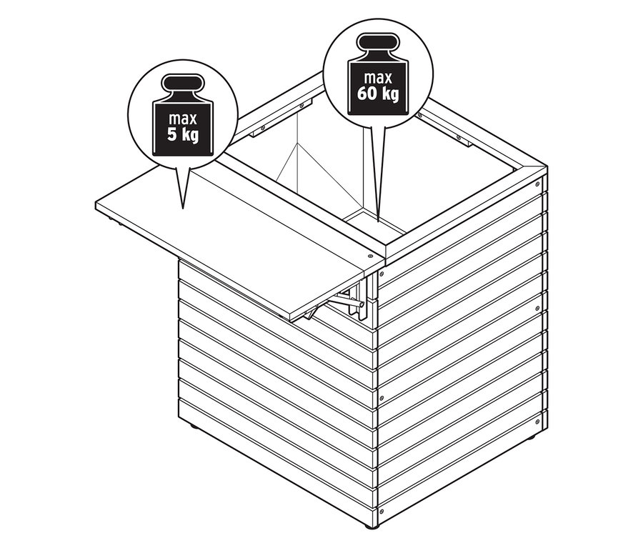 L'image montre une jardinière avec table pliante « Tinus ». La table est dépliée. Il existe une limite de poids maximum de 5 kg pour la table et de 60 kg pour la jardinière.