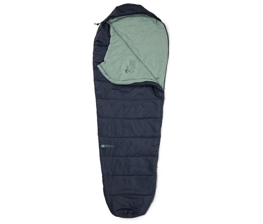 Sac de couchage bleu marine avec intérieur vert clair, posé ouvert sur un fond clair.