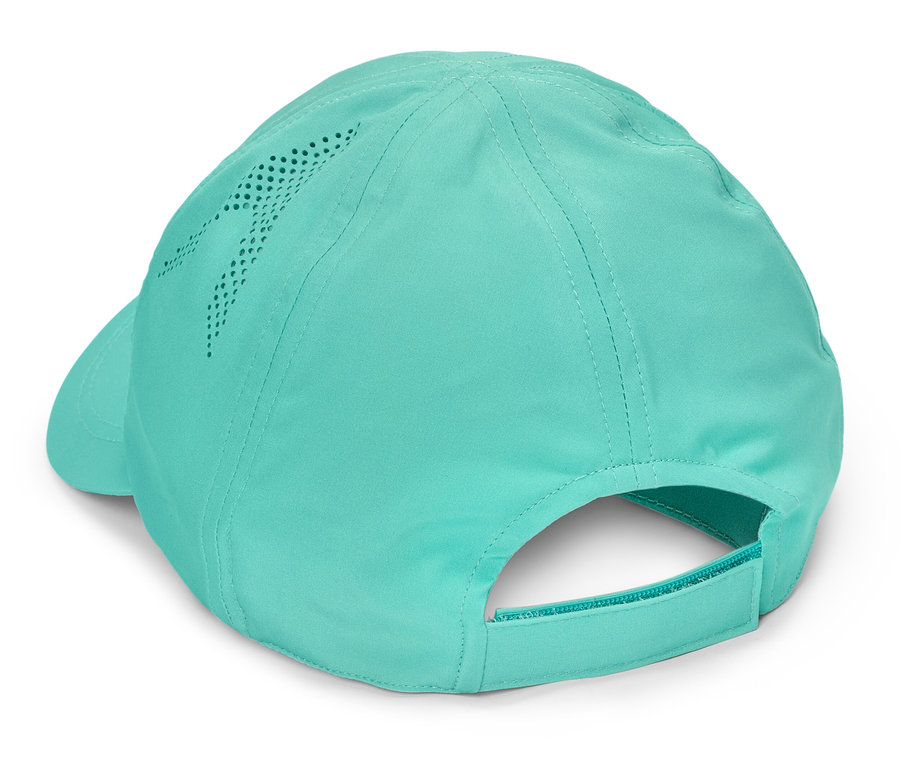 Vue arrière d'une casquette de baseball turquoise clair avec une sangle réglable et de petits trous sur le côté.