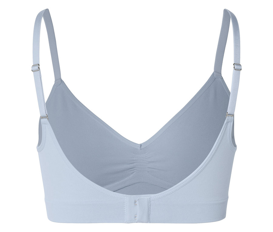 Soutien-gorge bleu clair avec bretelles réglables et fermeture à agrafes, photographié de dos.