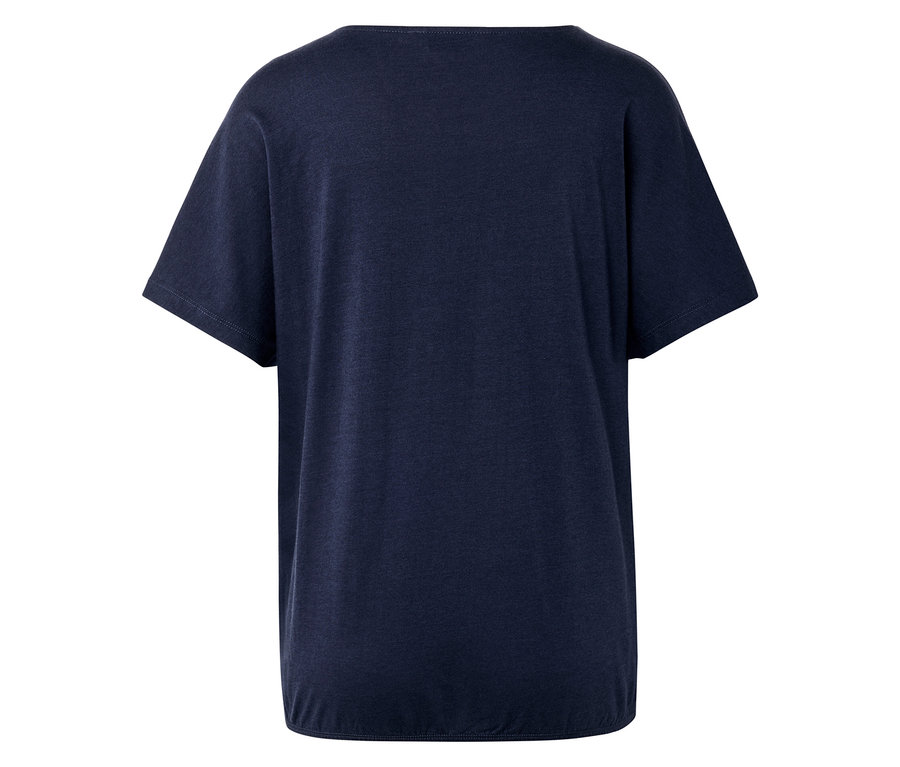 Vue arrière d'un t-shirt bleu marine à manches courtes et à ourlet droit.