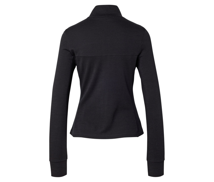 Vue arrière d'une veste noire cintrée à manches longues et à fermeture éclair.