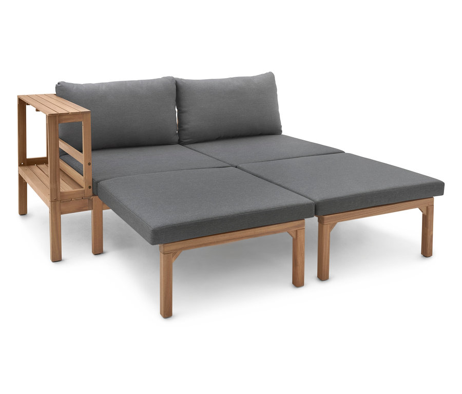 Ensemble de salon modulable gris en bois avec deux coussins.