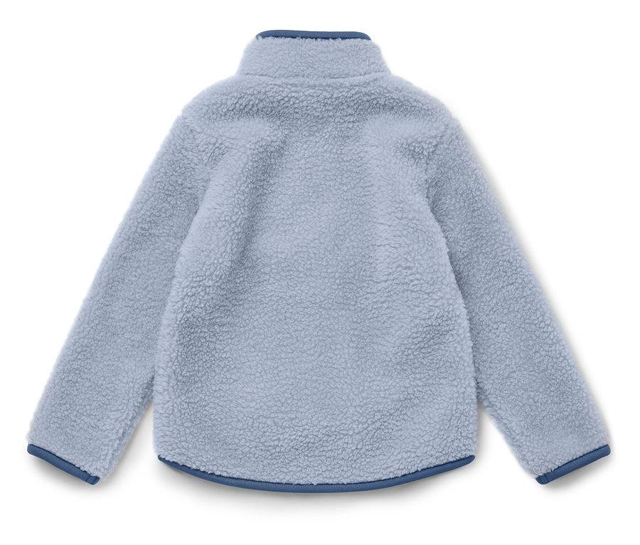 Veste en polaire bleu clair avec poignets et col bleu marine, photographiée de dos.