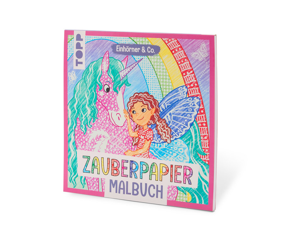 Couverture d'un livre de coloriage pour enfants, illustrant une licorne rose et une fée aux ailes bleues. Un arc-en-ciel est visible en arrière-plan. Le titre 'ZAUBERPAPIER MALBUCH' est en bas.