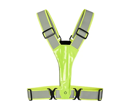 Gilet réfléchissant jaune fluo avec bretelles et sangles de taille, bandes réfléchissantes grises, boucles noires et un panneau central brillant avec un symbole d'alimentation.