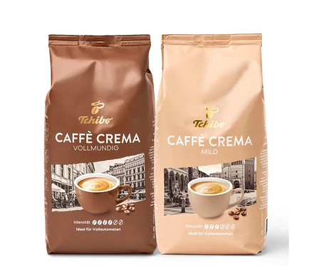 Deux paquets de CC – set de best-sellers en grains, 2x de Tchibo. Un paquet est marron et l'autre beige.