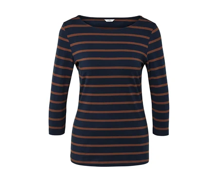 T-shirt à manches longues rayé bleu foncé et marron.