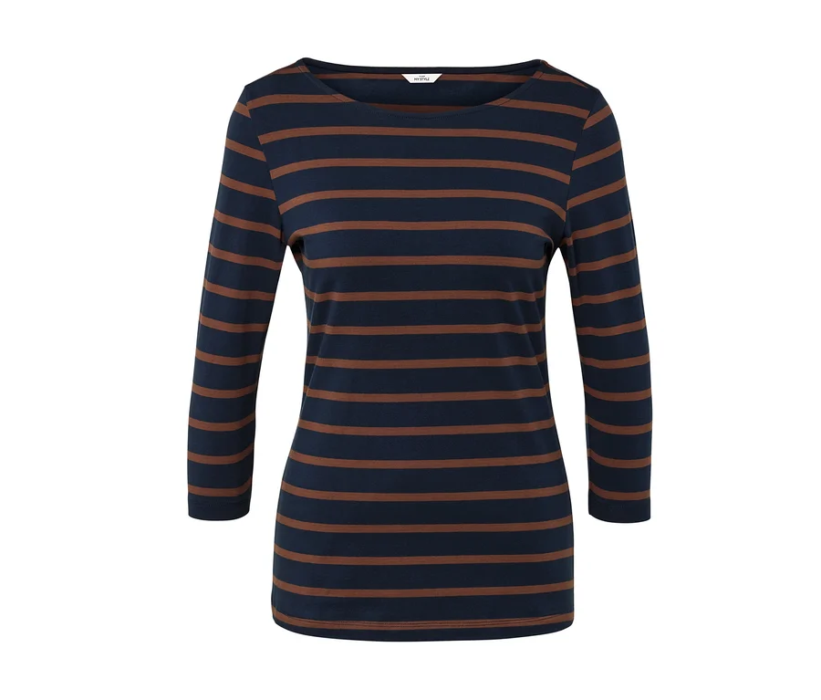 T-shirt à manches longues rayé bleu foncé et marron.