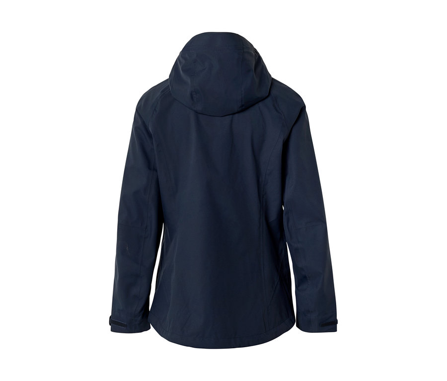 Veste bleu marine à capuche, vue de dos. La veste a des manches longues avec des poignets ajustables.