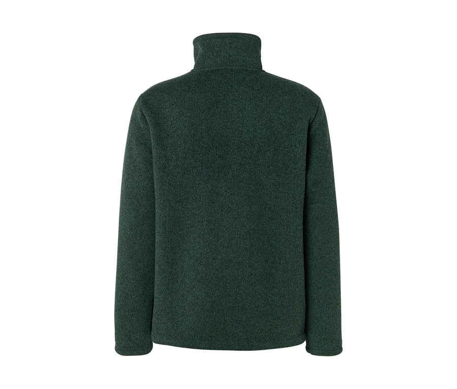 Pull vert foncé à col montant et manches longues, vue de dos, sur fond blanc.