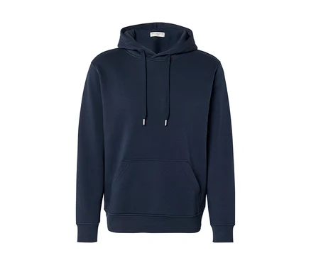 Sweat à capuche bleu foncé avec cordons à embouts blancs, manches longues et poche kangourou à l'avant, sur fond blanc.