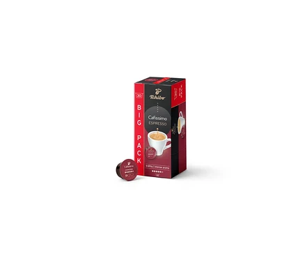 Un paquet de 30 capsules d'Espresso kräftig (corsé) Cafissimo et une capsule.