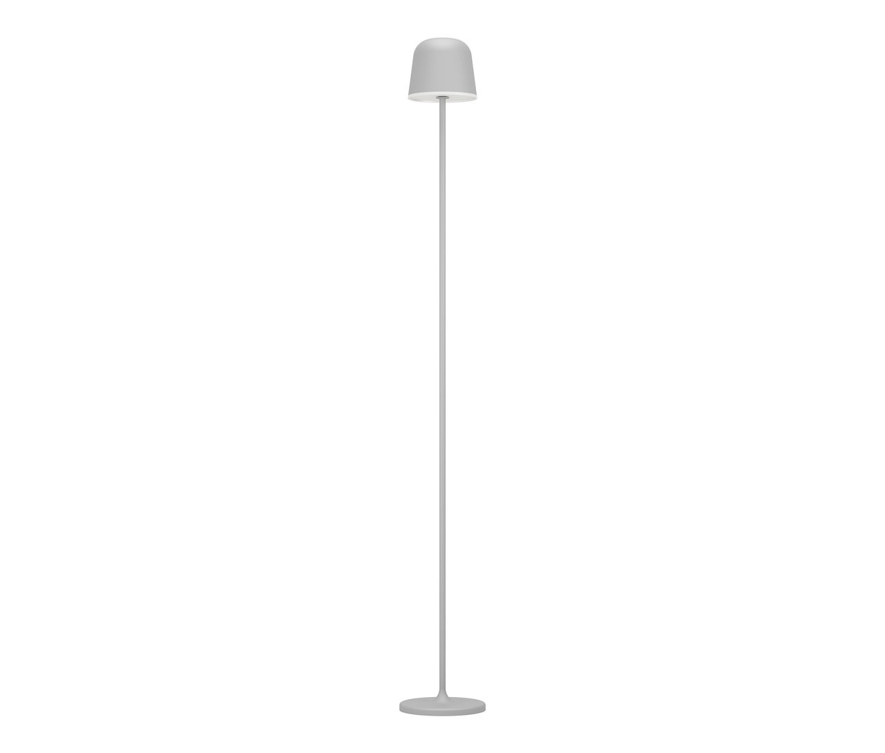 Lampadaire gris avec une base ronde, une tige fine et un abat-jour en forme de cloche sur fond blanc.