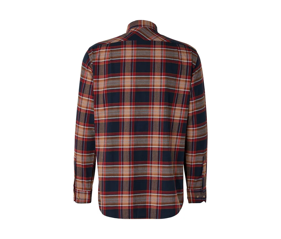 Dos d'une chemise à carreaux à manches longues, avec un motif de lignes bleu foncé, rouges, oranges et blanches.