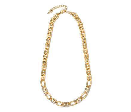 Collier doré avec chaîne à maillons et pierres décoratives.