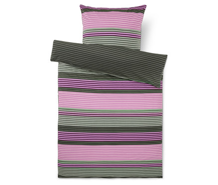Parure de lit rayée rose, vert clair, vert foncé et violet foncé, comprenant une housse de couette et une taie d'oreiller.