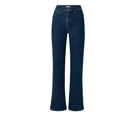 Jean bootcut "Lou" en denim bleu foncé sur fond blanc.
