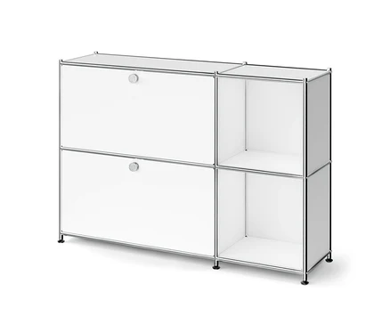 Buffet modulaire blanc avec cadre chromé, deux compartiments fermés à portes et deux étagères ouvertes.