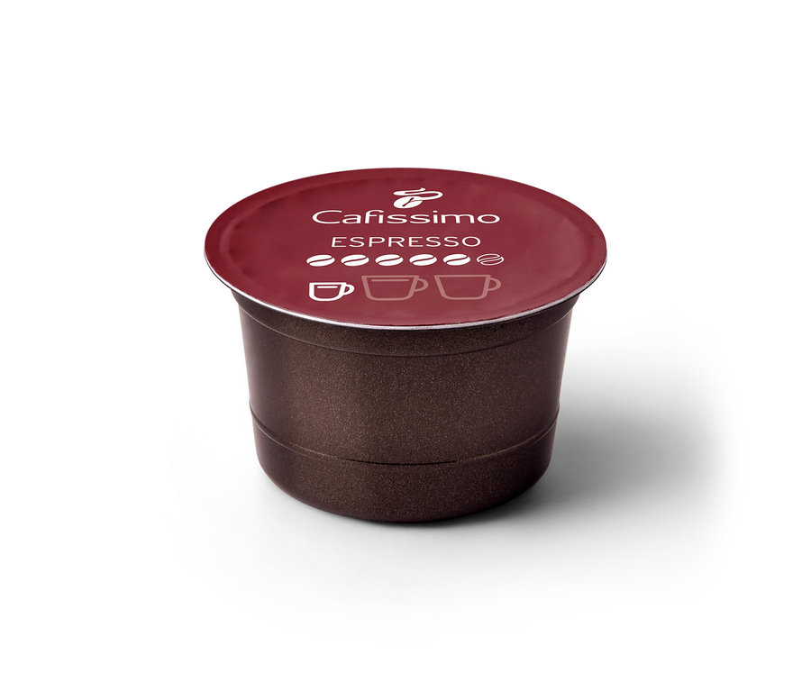 Capsule Cafissimo Espresso corsé brun foncé avec un couvercle bordeaux, affichant "Cafissimo ESPRESSO" et 5 grains de café.