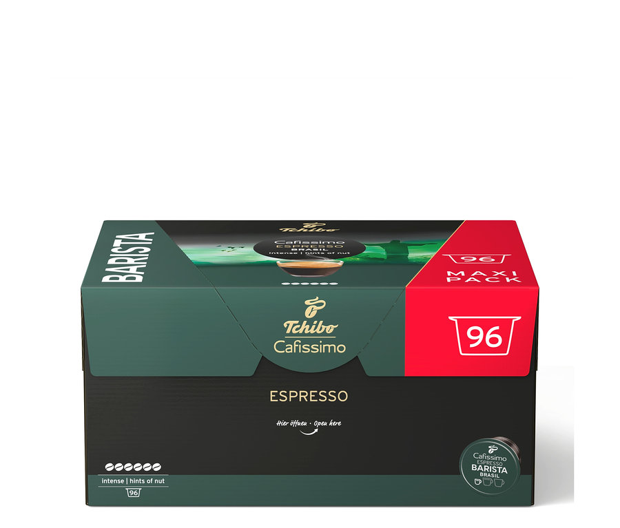 Boîte vert foncé et rouge de capsules de café Tchibo Cafissimo BARISTA Espresso, affichant « 96 MAXI PACK » et « intense | hints of nut ».