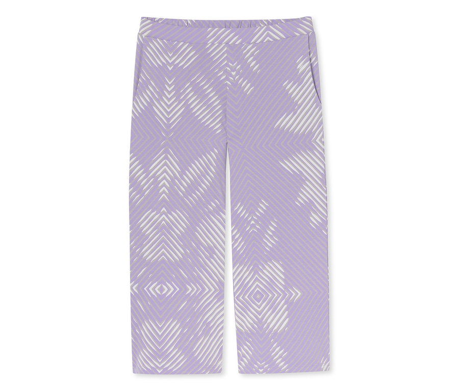Pantalon lilas avec motif géométrique blanc et poches latérales.