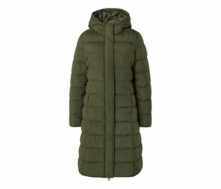 Long manteau matelassé vert olive avec capuche.