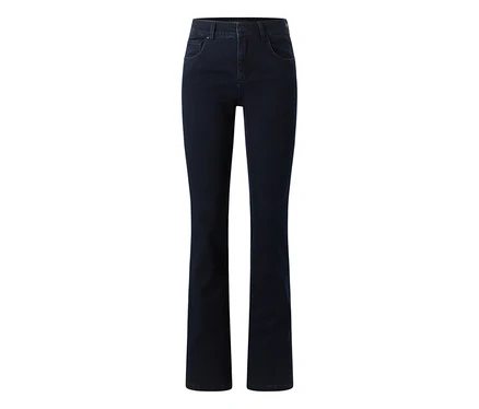 Jean bleu foncé à coupe droite et taille haute, sur fond blanc.