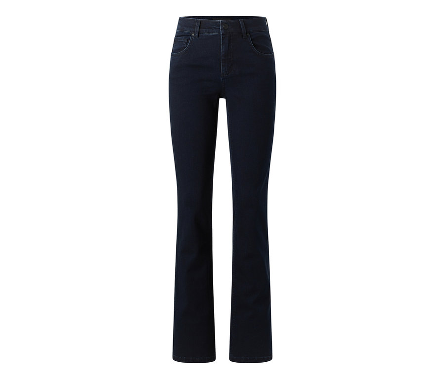 Jean bleu foncé à coupe droite et taille haute, sur fond blanc.