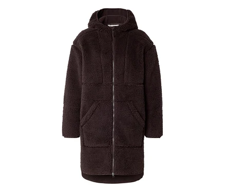 Long manteau en tissu éponge marron avec capuche et fermeture éclair.