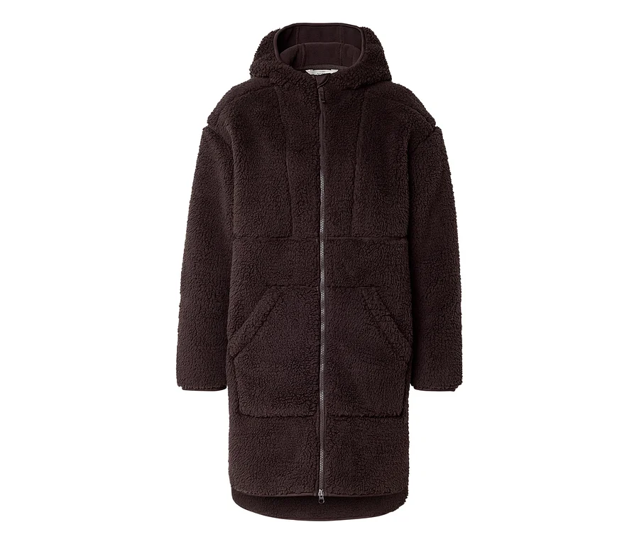Long manteau en tissu éponge marron avec capuche et fermeture éclair.