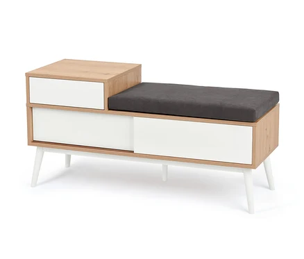 Banc à chaussures avec coussin gris.