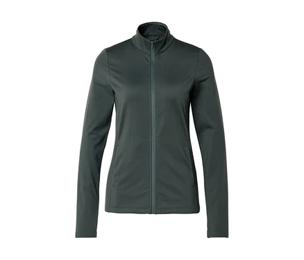 Veste grise à manches longues avec fermeture éclair intégrale et col montant sur fond blanc.