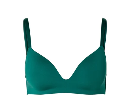 Soutien-gorge vert à fines bretelles sur fond blanc.
