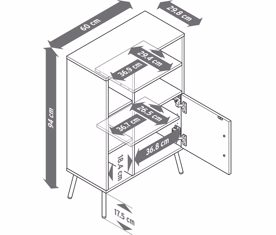 Commode aspect bois avec une porte ouverte, révélant deux étagères à l'intérieur. La commode mesure 94 cm de haut, 60 cm de large et 29,8 cm de profondeur, avec des pieds de 17,5 cm de haut. Les dimensions intérieures et des compartiments sont également indiquées.