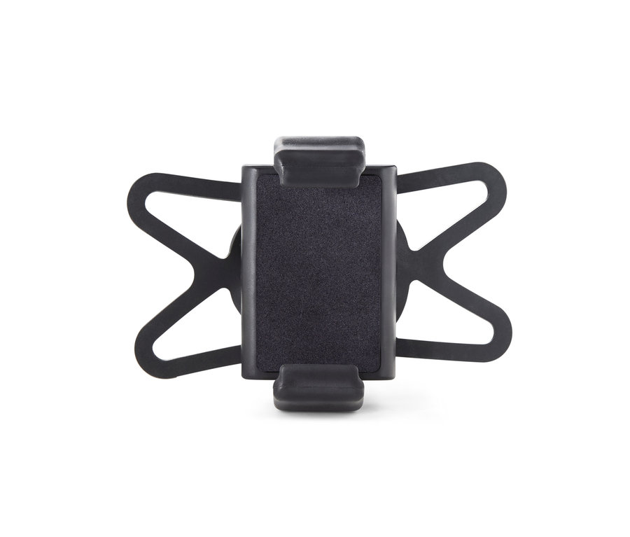 Un support de smartphone noir pour vélo sur fond blanc.