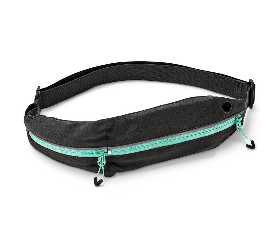 Ceinture de sport noire avec fermeture éclair turquoise.