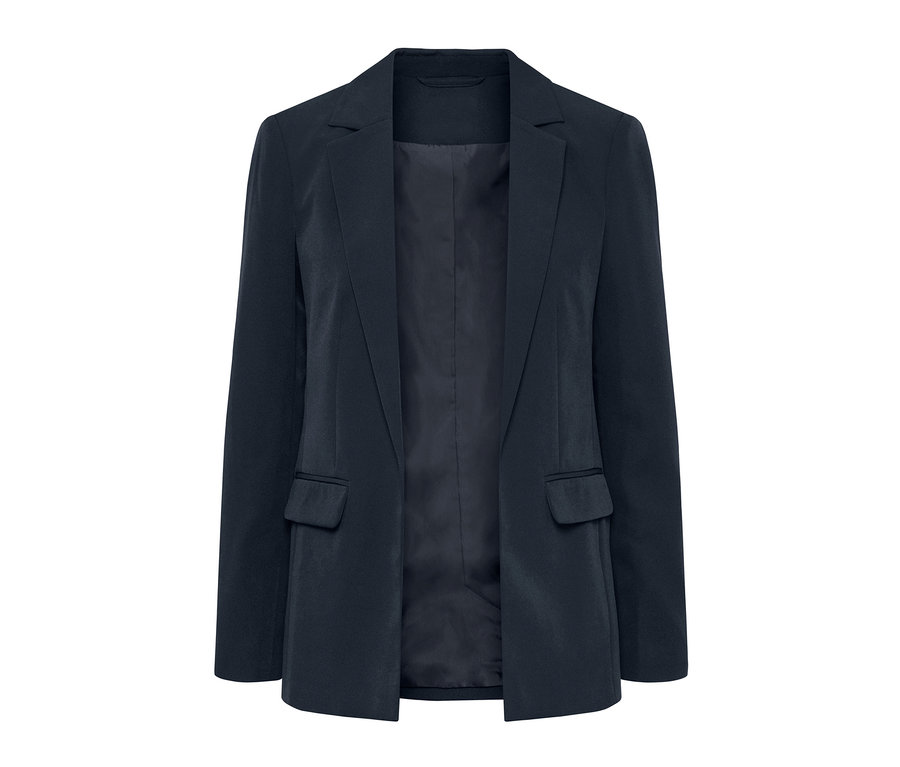 Blazer bleu marine avec revers et poches.