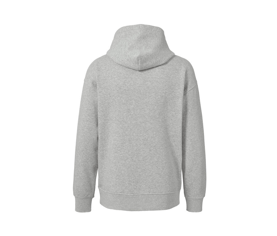 Vue arrière d'un sweat à capuche gris chiné.